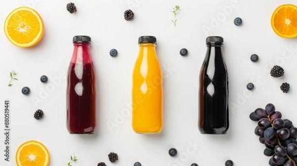 Fototapeta Several natural juice bottles without labels, with black caps