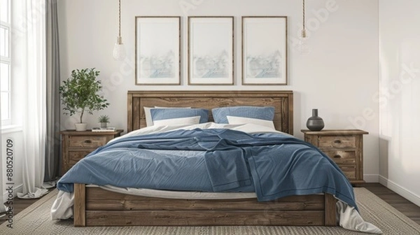 Fototapeta A rustic wooden bed with blue pillows and two bedside cabinets against a white wall.