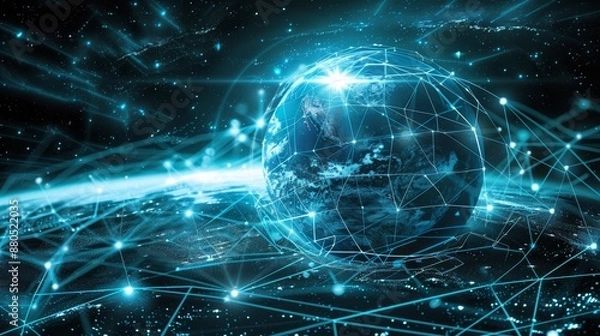 Obraz An abstract illustration of the modern digital world as represented by a scientific technology data network that encompasses planet Earth in an abstract way, depicting the connectivity, complexity,