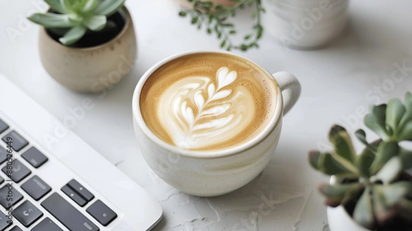 Fototapeta Latte Art Coffee with Succulents and Laptop