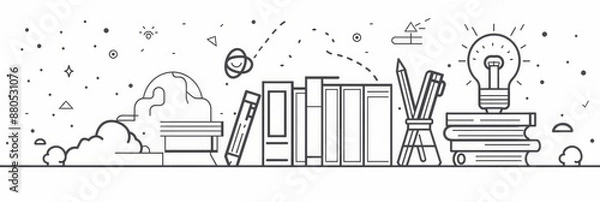 Obraz Education and Knowledge Conceptual Illustration - A simple line art illustration depicting the concept of education and knowledge, featuring books, pencils, a lightbulb, and other abstract elements. -