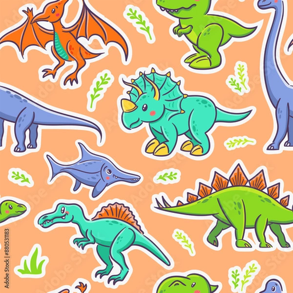 Fototapeta Seamless pattern of cute dinosaurs in Asian kawaii style. Tyrannosaurus rex, stegosaurus, triceratops, pterosaur, spinosaurus, ichthyosaur, diplodocus. Prehistoric predatory lizard for wrapping