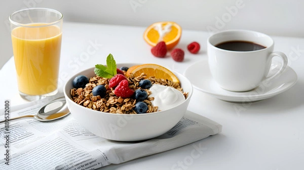 Fototapeta Healthy Breakfast with Granola, Berries, and Coffee