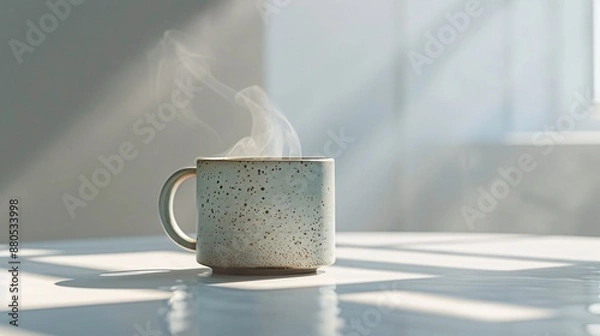 Obraz Steaming Ceramic Coffee Mug on Sunlit Table