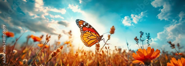 Fototapeta butterfly in sky over flourishing meadow