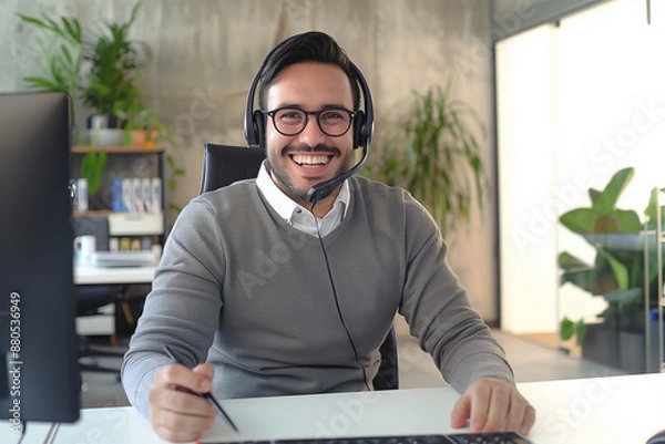 Fototapeta Communicate confidence attending webinars, web conferences, call centers, virtual meetings, online training sessions, video calls.