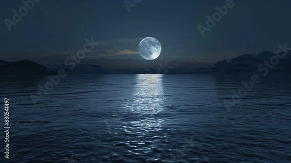 Fototapeta The moon ascends over the tranquil waters of the lake, casting a silvery glow upon its surface.