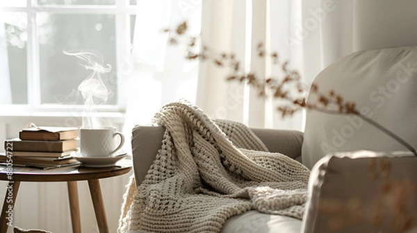Fototapeta Cozy Morning with Coffee, Books, and a Knitted Blanket by the Window