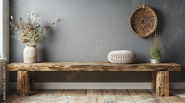 Fototapeta Rustic wooden bench with decorative elements in a modern living room.