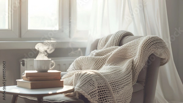 Fototapeta Serene Morning with Coffee, Books, and Cozy Blanket by the Window