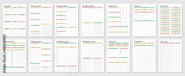 Fototapeta Fitness and meal planners set. Daily, weekly, monthly, workout tracker, fitness goals, weight tracker, daily food log, grocery list, recipe card, water tracker, sleep tracker.