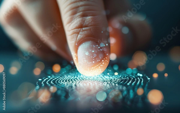 Fototapeta Close-up of a finger touching a glowing digital surface, concept of biometric technology and fingerprint scanning in a futuristic setting.