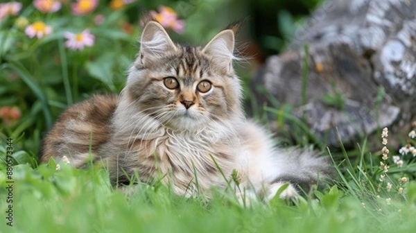 Fototapeta Siberian cat bred as hypoallergenic pet in garden purebred long haired kitten