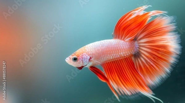 Fototapeta Vibrant close-up of a colorful Betta fish with flowing fins, showcasing its beautiful orange and white colors against a blurred background.