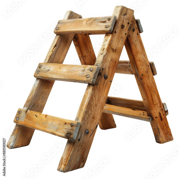 Obraz A rustic wooden sawhorse, weathered and worn with age, stands isolated against a black background.