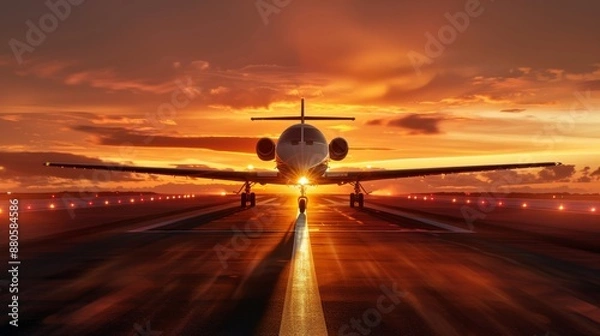 Fototapeta Luxurious private jet gaining speed on airport runway, taking off into stunning sunset sky. Vibrant hues paint evening sky as aircraft accelerates towards destination, exuding wealth and success