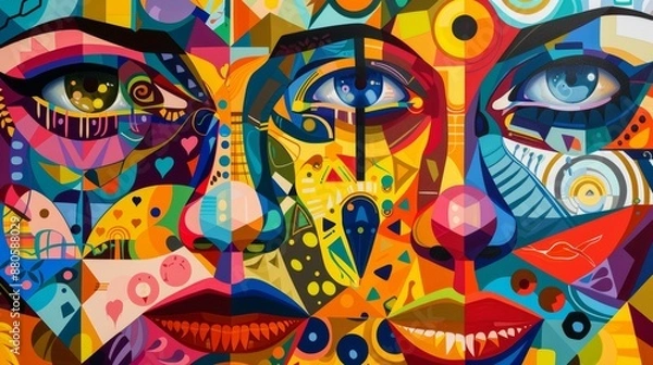 Fototapeta Colorful abstract painting with geometric shapes forming human faces, featuring vibrant colors and a surreal, psychedelic aesthetic