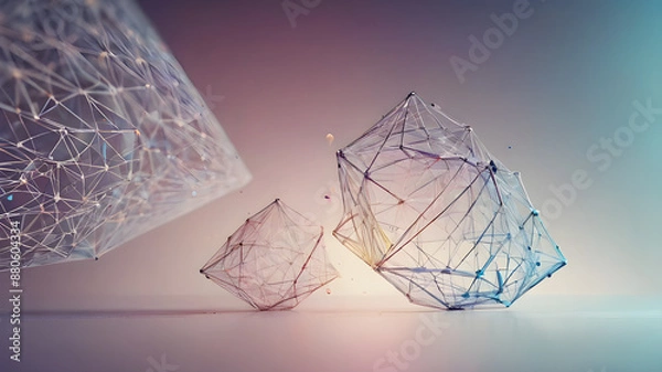 Fototapeta Abstract Modern geometric Backgrounds. 3D. Geometric shapes  geometric shape with mesh net dots and connections.  AI generated image