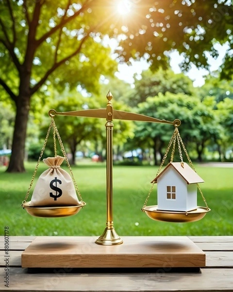 Fototapeta A golden scale with a house on one side and a bag of money on the other, set against a blurry background of green trees.