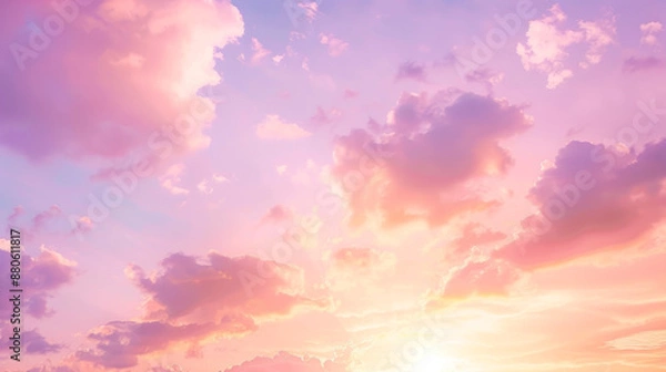 Fototapeta Beautiful sunrise or sunset with soft pink, purple, violet, and orange hues. The sky is filled with cirrus clouds illuminated by the sunlight, creating an abstract and serene background.