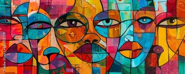 Fototapeta Colorful abstract painting representing diversity and multiculturalism, featuring overlapping faces with expressive features. Perfect for projects related to inclusion, society, and modern art