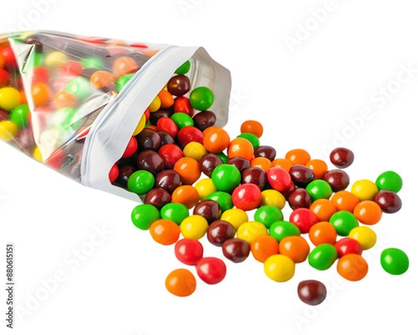 Fototapeta Skittles spilling from a bag on transparent background