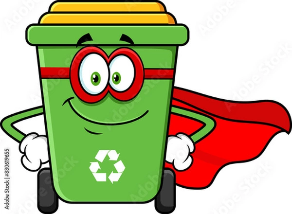 Fototapeta Green Recycle Trash Bin Cartoon Character SuperHero. Vector Hand Drawn Illustration Isolated On Transparent Background