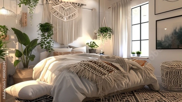 Fototapeta Cozy bedroom with a blend of Scandinavian, boho, and modern styles. Green plants and Macrame art add natural elements. Warm lighting creates a relaxing atmosphere, perfect for lazy weekend mornings.