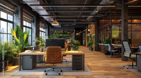 Fototapeta Comfortable work environment in a stylish office space.