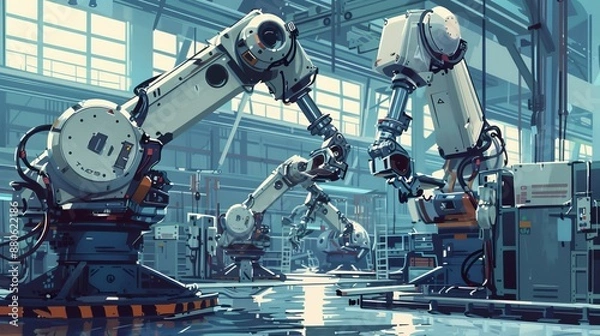 Fototapeta Robotic arms in modern car plant assembly line, automated technology in automotive industry, precision robotics and automation equipment in vehicle manufacturing facility


