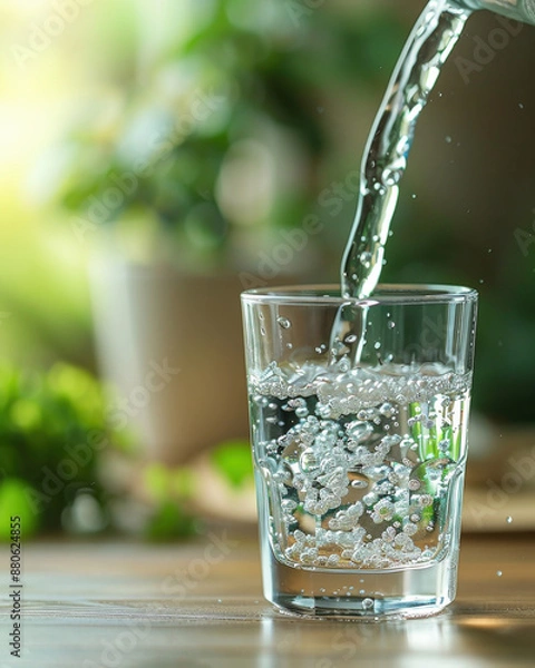 Obraz Drinking water is poured into glass with splashes and bubbles, isolated on on the table
