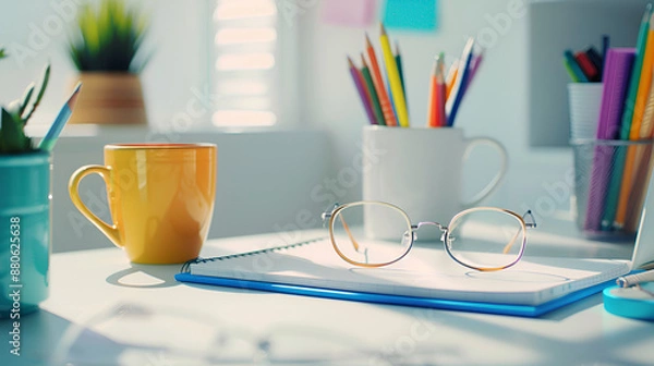 Fototapeta Creative Workspace Essentials: Vibrant Office Supplies and Coffee Mug