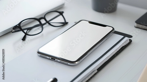 Fototapeta Modern Workspace with Smartphone and Glasses