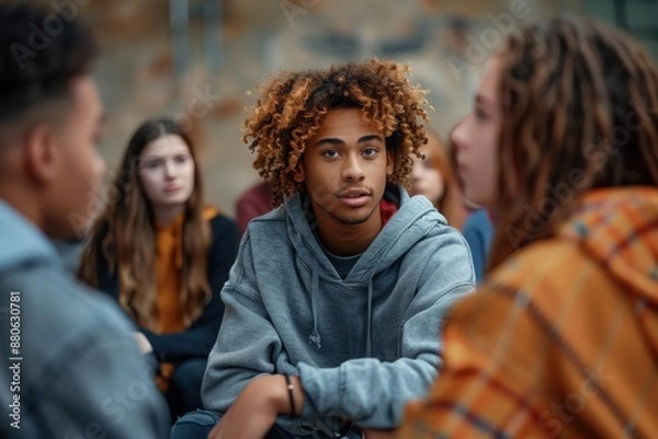 Fototapeta A teenage boy with curly hair listens attentively while sitting with friends in a group, reflecting attentiveness, and teenage camaraderie in an informal setting.