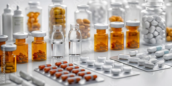 Fototapeta The various tablets, capsules, ampoules, vials, test tubes, syringes for injection and vaccines depicted on the side reflect the idea of medicine and pharmacology.