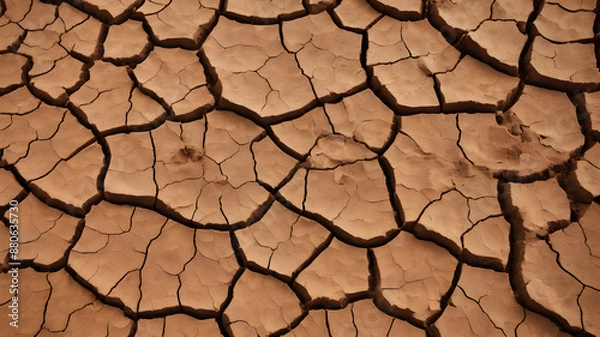 Fototapeta A detailed close-up of dry, cracked earth in a natural brown color palette. Ideal for backgrounds. Generative AI