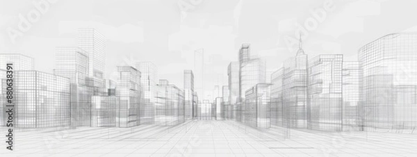 Fototapeta Abstract wireframe cityscape illustration, black and white, conveying urban planning and architectural design, horizontal illustration, copy space