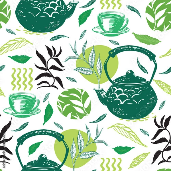 Obraz Seamless pattern with teapot, cups and tea leaves..Bright graphic background.