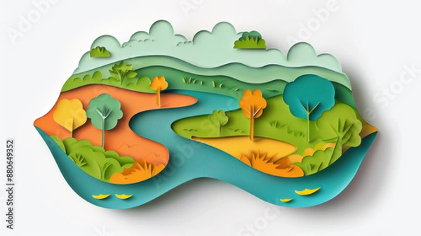 Fototapeta A paper cutout of a landscape with a river and trees