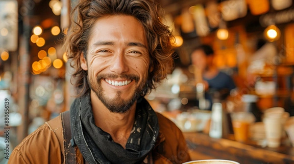 Fototapeta Authentic Happiness - Close-up of a Cheerful Person Smiling with Coffee Cup in Hand i