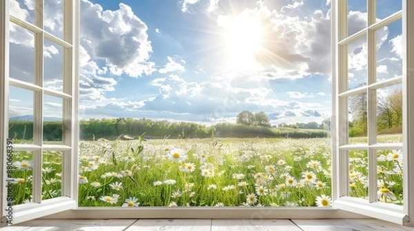 Fototapeta The view outside the window is a beautiful meadow, filled with flowers and sunshine