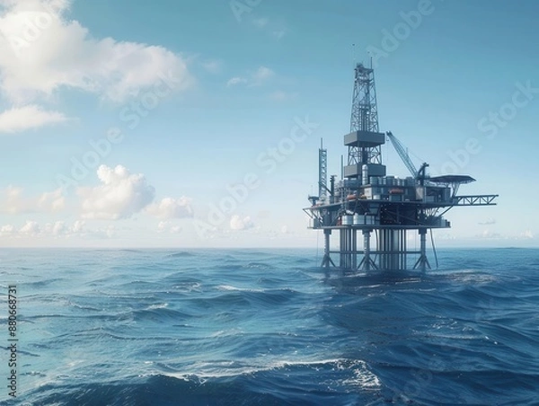 Fototapeta majestic offshore drilling platform rises from a vast seascape symbolizing industrial might and energy production steel structure contrasts dramatically with the endless blue horizon