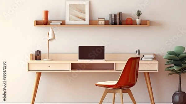 Obraz Minimalist Home Office Desk with Laptop and Chair.