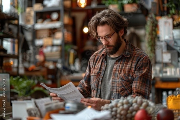 Obraz Image of an individual engrossed in reading a document within a cozy workspace filled with natural elements like plants and soft lighting, symbolizing focus, work, and relaxation.