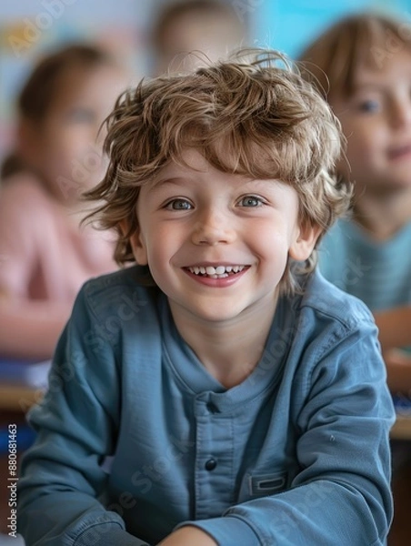 Obraz Smiling Young Boy in Classroom.