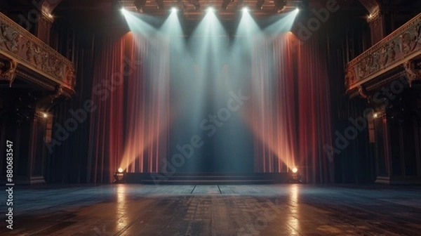 Fototapeta Empty stage with red curtains and spotlights ready for performance or event