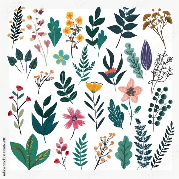 Fototapeta Ornamental collections with flowers leaves of different colors on white background