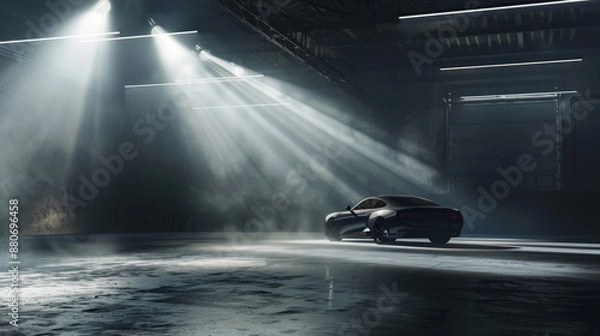 Fototapeta The garage interior is depicted with dim lighting and a haze of smoke, creating a dramatic and industrial ambiance.
The walls and ceiling are obscured by shadows and smoke, enhancing the atmospheric 