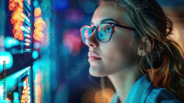 Fototapeta Focused woman wearing glasses analyzing data on a futuristic screen with colorful lights in a high-tech environment.