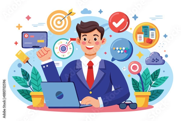 Fototapeta Gamification in business, joyful businessman using gaming strategy to engage customers and achieve targets